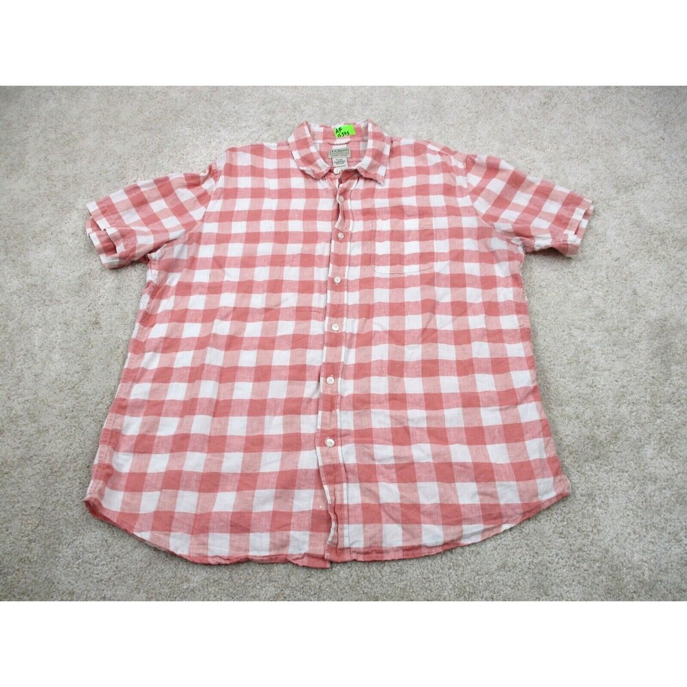 LL Bean Shirt Men Extra Large XL Linen Pink White Short Sleeve Casual Button Up